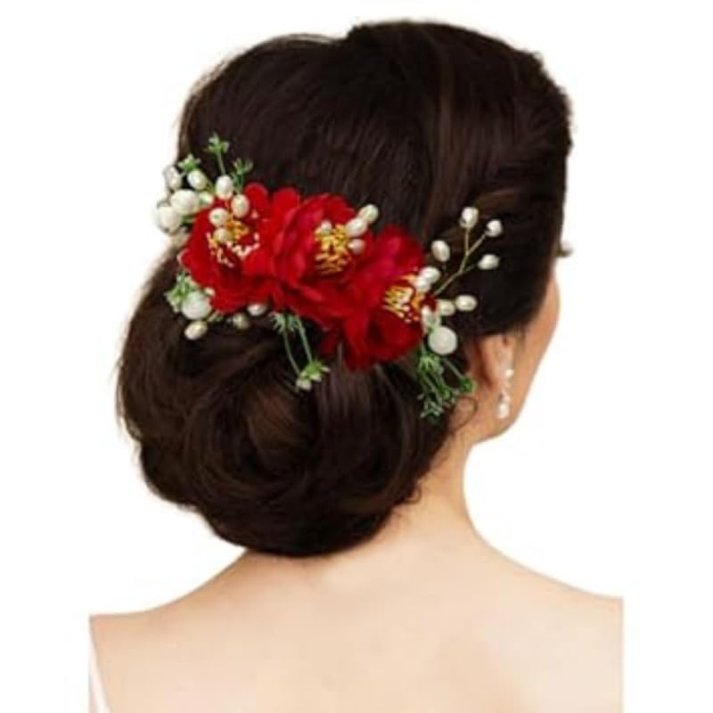Hair Flare Comb Slide for Women, Girls Artificial Flower Hair Accessories, Bridal Hair Pin for Bun, 2215 – Red