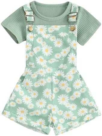ZZLBUF Toddler Baby Girl Overalls Romper Outfit Kids Ruffle Sleeve Tops T-Shirt + Floral Suspender Pocket Shorts Clothes Set