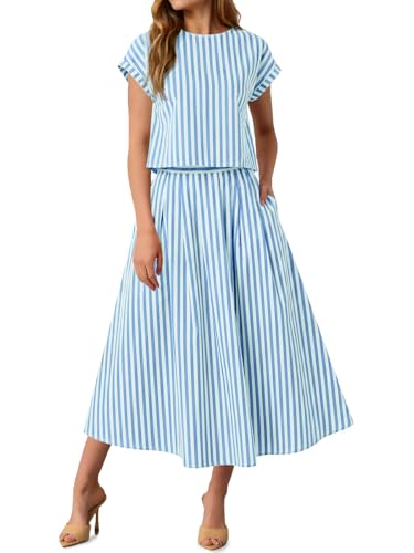 Tankaneo Womens Striped 2 Piece Skirt Sets Summer Cap Sleeve Tops Midi Dress with Pockets Travel Vacation Outfits Matching Sets
