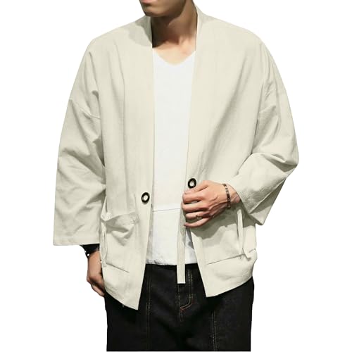 Image of Mens Kimono Cardigan Cotton Linen Japanese Shirt 3 /4 Sleeve Haori Yukata | Skin-Friendly Solid Color Lightweight Shawl Collar Kimono Robe Embroidery Button Tie Pockets Happi Coat All Season Daily Wear