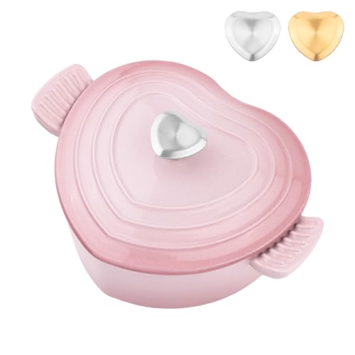 Mabeeze Horno holandés de hierro fundido esmaltado en forma de corazón, olla de 2 cuartos de galón con tapa, rosa degradado, antiadherente, apto para horno, compatible con todas las estufas, ideal