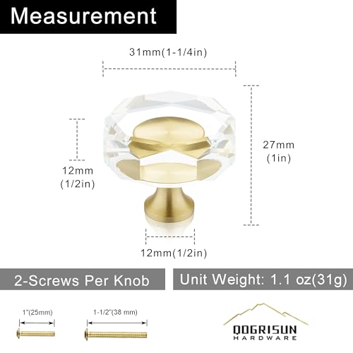 Image of QOGRISUN 10-Pack Brass Crystal Cabinet Knobs,Glass Crystal Gold Drawer Knobs,1-1 /4-Inch Polygon,Decorative Dresser Pulls, Modern Cabinet Hardware