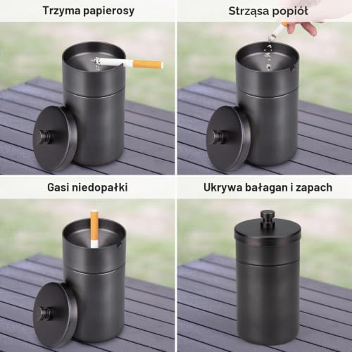 HONZUEN Popielniczka z pokrywką, ze stali nierdzewnej, do użytku na zewnątrz, przenośna, bezdymna, popielniczka stołowa, bezdymna, popielniczka zewnętrzna, do ogrodu, na zewnątrz, do samochodu, czarna