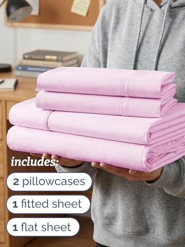 Image of Twin XL 4 Piece Sheet Set - College Dorm Room Essentials - Light Pink | Ultra Soft Dorm Bedding Set, 8 inch to 16 inch Inch Deep Pockets, 1 Flat & 1 Fitted Sheet & 2 Pillowcases, Wrinkle & Fade Free