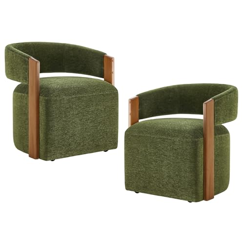 Image of KISLOT Upholstered Dining Chairs with Casters, Modern Barrel Side Armchair with Rollers & Wooden Armrest for Dining Room, Bedroom, Kitchen, Reading Room, Green, Set of 2