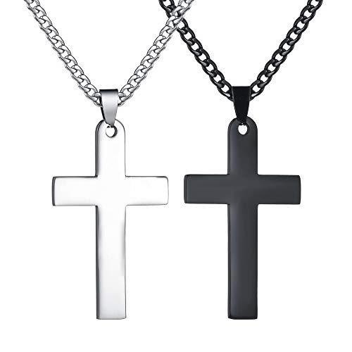 Collier pendentif croix en acier inoxydable haut de gamme argent et noir avec maille Figaro