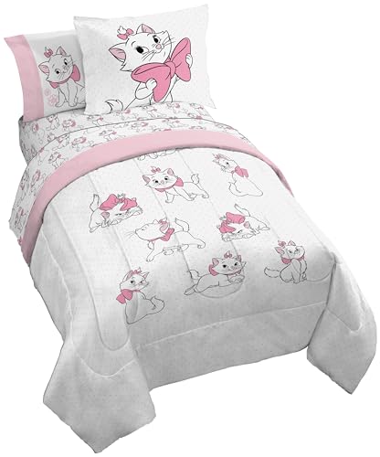 Disney Aristocats Marie - Juego de edredón de satén tamaño matrimonial, 7 piezas, incluye juego de sábanas y fundas de almohada, ropa de cama súper suave y sedosa