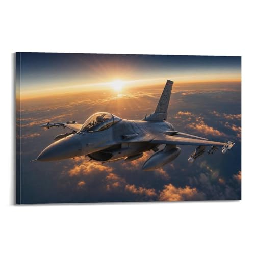 F-16 Fighter Jet Printed Canvas Posters Wall Art, Fighting Falcon US Air Force Military Aviation Artwork, Military Plane Wall Decor Perfect for Men Boys Room Home Aesthetic Decoration 24x36inch(60x90c
