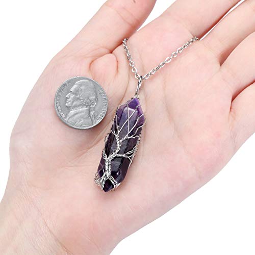 Pesoenth Amethyst Tree Of Life Wire Wrapped Reiki Healing Crystal Pendant Necklace Purple Quartz Gemstone Hexagonal Pointed Energy Stone Pendant Jewelry For Women #TOP3