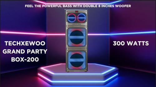 Image of TECHXEWOO Grand Party Box 200 Home Theater Tower Speaker with 300 Watts RMS, Double 8 inch woofer, Bluetooth,TWS, USB,Digital FM and Wide connectivity Options via Aux in.