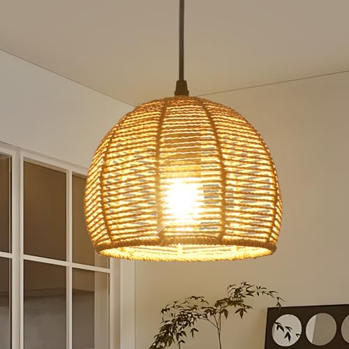 Comely Lámpara Colgante de Ratán Vintage, E27 Lámpara de Techo Ratán de Estilo Boho, Iluminación Colgante Ajustable en...