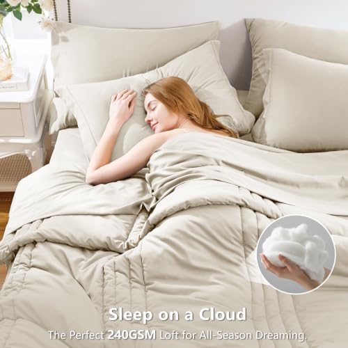 Image of CozyLux Full Size Comforter Sets Beige - 7 Pieces Bed in a Bag, Modern Vertical Quilted Room Decor, Soft All-Season Bedding Gift with Comforter, Sheets, Pillowcases & Shams