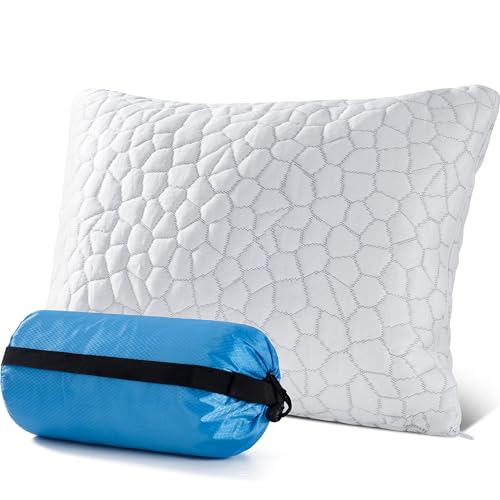 QUTOOL Small Travel Pillows for Sleeping, Cooling Memory Foam Camping Pillow, Backpacking Pillow for Hiking Gear, Portable Pillow with Travel Storage Bag, Camping Essentials for Adults Kids Outdoor