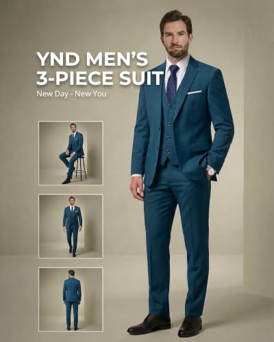 Image of YND Men's 3 Piece Suit with Tie, Solid Color Slim Fit Jacket Vest and Pants