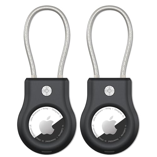 SCALLOP Airtag Keychain Holder 2 Pack, Air Tag Lock Case Holders with Wire Cable, Sturdy Protection Airtag Key Chain, Compatible Apple Airtag for Key ring,Keys, Luggage.Black