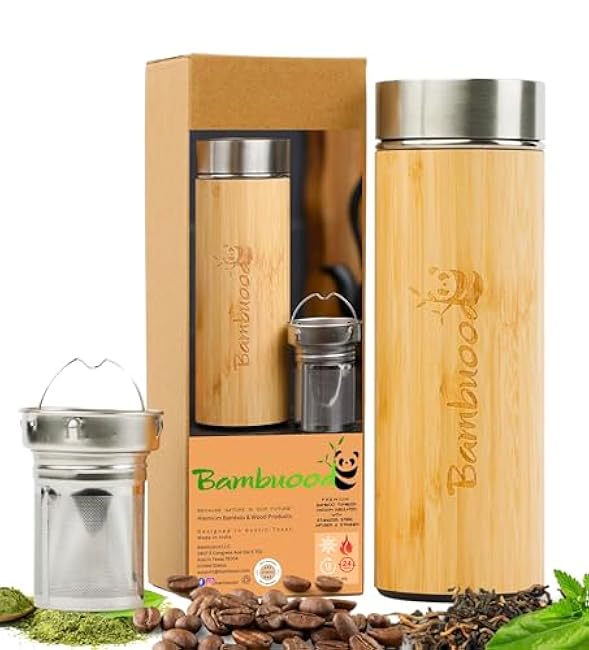 17 oz-Bambuood Premium Vacuum Insulated Stainless Steel Bamboo Tumbler - Leak Proof Bamboo Tumbler Thermos for Loose Leaf Tea, Coffee & Fruit-Infused Drinks - Keeps Cold 24/Hot 12 Hrs.