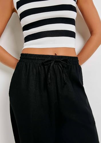 Calça Feminina Reta Cintura Alta Com Linho - Preto G