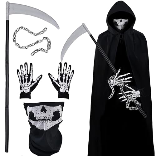 STFYUG Sensenmann Kostüm Herren, Grim Reaper Kostüm Erwachsene, Halloween Sensenmann Kostüm, Sense und Handschuhe Schädelmaske, Halloween Kostüm Unisex für Cosplay.