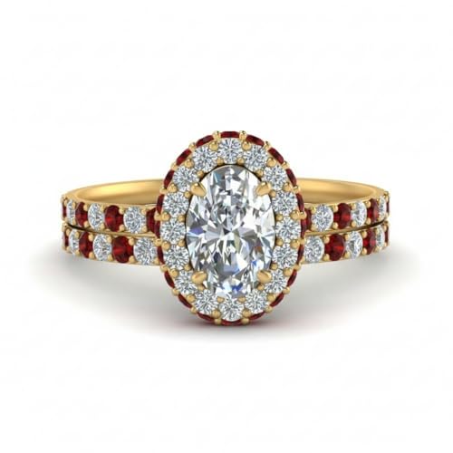 Image of Choose Your Gemstone Oval Halo Rollover Diamond CZ Wedding Ring Yellow Gold Plated Oval Shape Wedding Ring Sets Matching Jewelry Wedding Jewelry Easy to Wear Gifts US Size 4 to 12