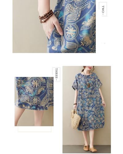 Image of LUZU JUNU Women's Summer Baggy Plus Size Loose Cotton Linen Long Boho Beach Dress with Pockets