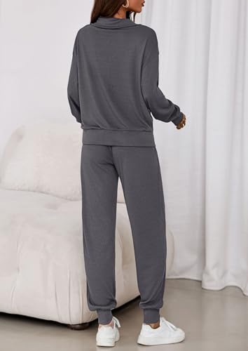 Image of PRETTYGARDEN Women 2 Piece Ribbed Knit Matching Lounge Sets | Comfy Sweat Track Suits, Athleisure Casual Outfit, Half Zip Sweatshirt & Jogger Pants, Fall Winter Clothes for Airport Travel