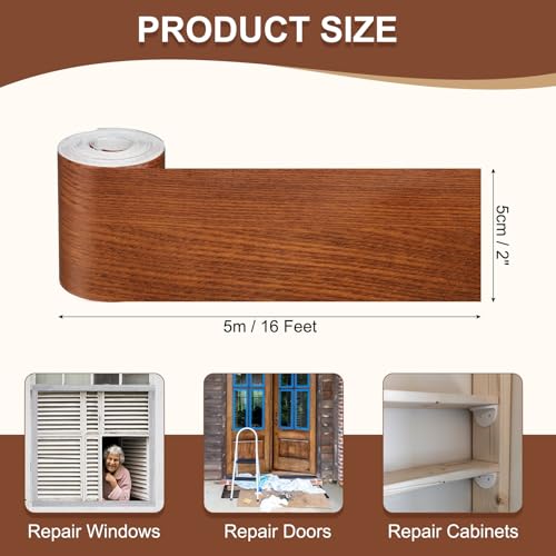 Image of MECCANIXITY Wood Grain Repair Tape, 2 Inch x 16 Feet Self Adhesive Wood Grain Tape Multi-Purpose Wallpaper Border Trim for Furniture Floors Windows Doors Tables Home, Red Oak