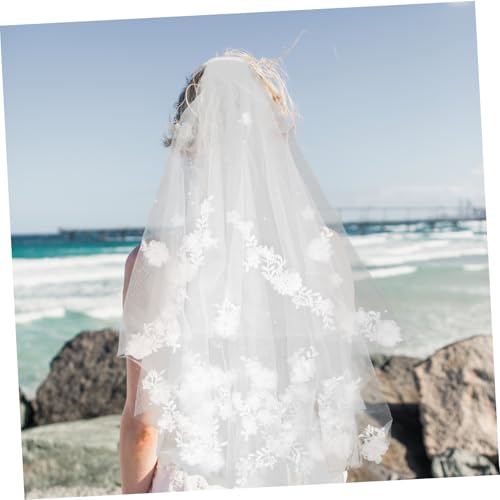 Velo de novia blanco de doble capa con flores y perlas 6