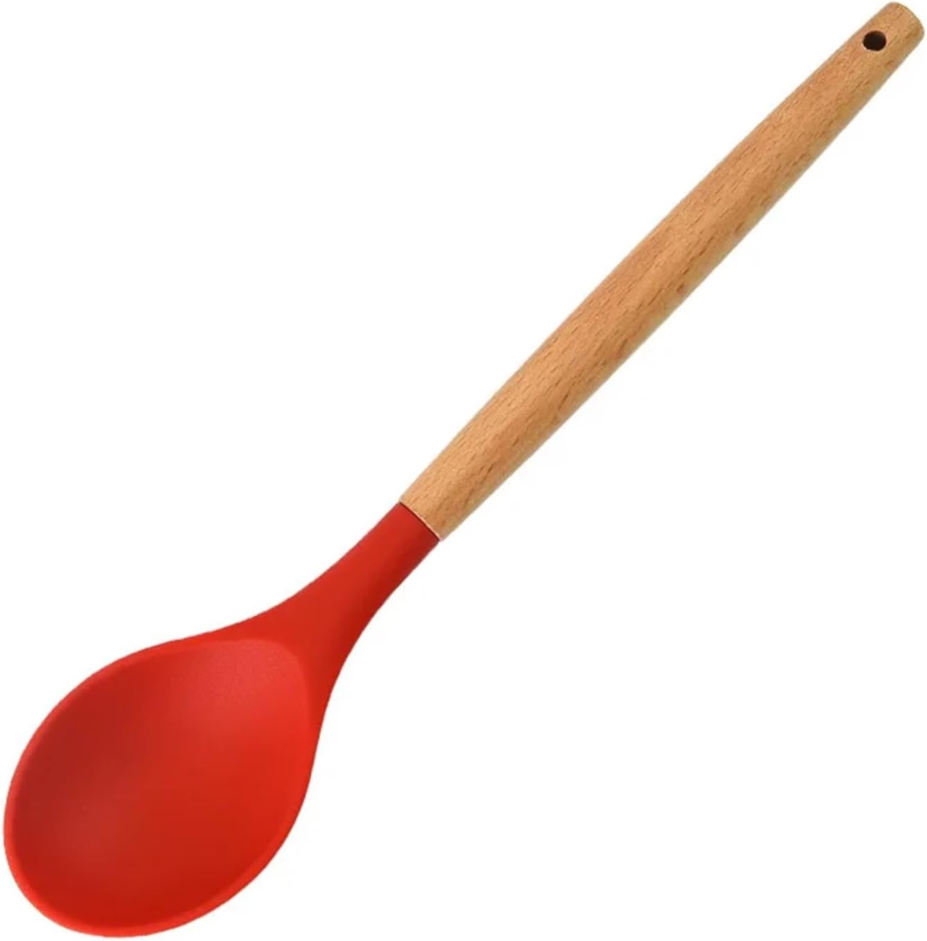 Soup Ladle 1Pcs Round Silicone Wooden Handle Soup Spoon Korean Ramen Noodles Bouillon Cooking Long Ladle Japanese Kitchen Tablespoons Tableware(Long Red)