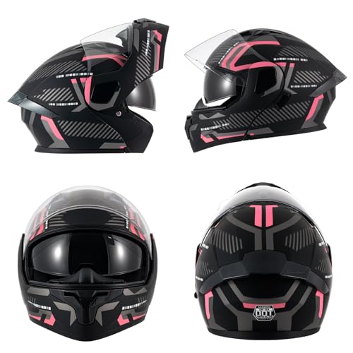 Motorcycle Helmets Modular Full Face Moped Helmet,DOT Approved Modular Flip-Up Dual Visor Motorcycle Full Face Helmet for Adults Men & Women (Pink, Large) by SanQing - Image 2