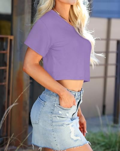 Image of Womens Crop Tops Short Sleeve V Neck Summer Cropped T Shirts Baisc Tees