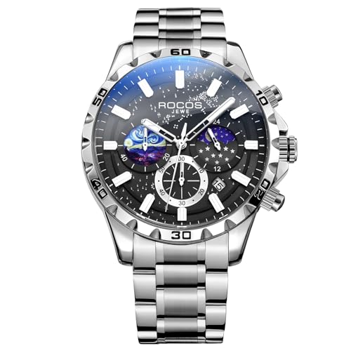 Image of ROCOSJEWE R0916 Men's Quartz Watch with Blue and Black Dial, Stainless Steel Strap, Date, Moon Phase and Luminous Hands