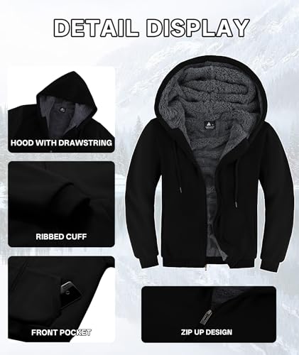 Image of V VALANCH Men Hoodies Zip Up Sherpa Lined Sweatshirts Heavyweight Thick Warm Fleece Winter Jacket