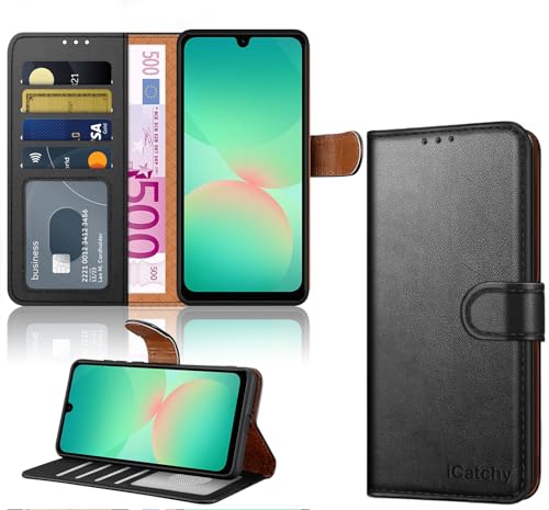 iCatchy for Samsung Galaxy A26 Case Leather Wallet Flip Book Cover with 4 Card Slots Magnetic Closure Kickstand Shockproof Protection Compatible with Samsung A26 (Black)