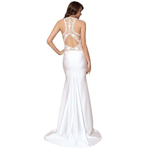 Image of Womens Elegant Lace Long Skirt Evening Gown Hollow Out Backless Mermaid Silhouette Floor Length Formal Party Dress (White,Medium)