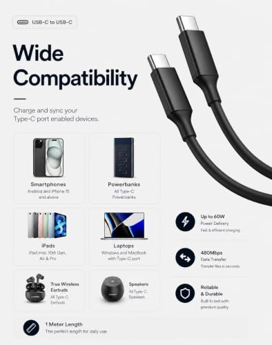 Image of 45W Type C to Type C Cable 1 Meter compatible with Samsung Galaxy S25 Ultra, S24 Ultra, S23 Series, A55, A35, Z Fold and Z Flip, USB-C (Black)