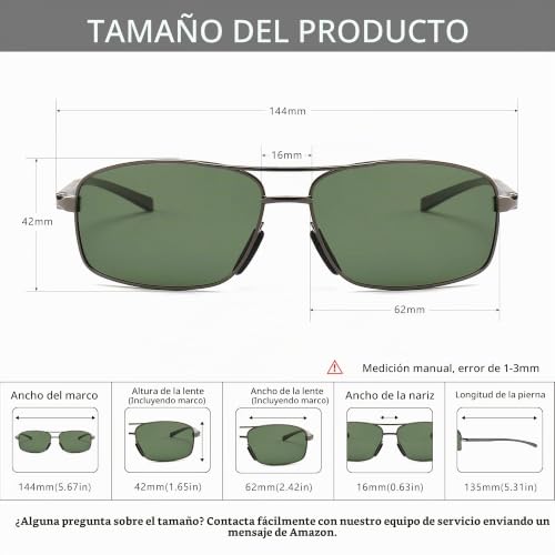 Miniatura 5 de Sungait Rectangulares Gafas De Sol Hombre Polarizadas Clásico Metal Marc Gunmetal Verde 2458