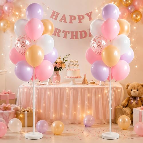 Image of Balloon Column Kit Set of 2,Anti-Tip Sand-Fill Base Balloon Tower Stand with 10 inch 26pc pink purple Confetti Balloons,Height Adjustable for Easter Birthday Wedding Bridal Party Decorations