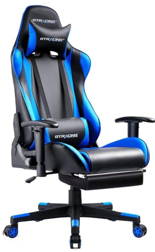 GTRacing ゲーミングチェア オフィスチェア デスクチェア ゲーム用チェア リクライニング パソコンチェア ハイバック ヘッドレスト ランバーサポート ひじ掛け付き 高さ調整機能 PUレザー オットマン付き ブルー (GT002F-BLUE)