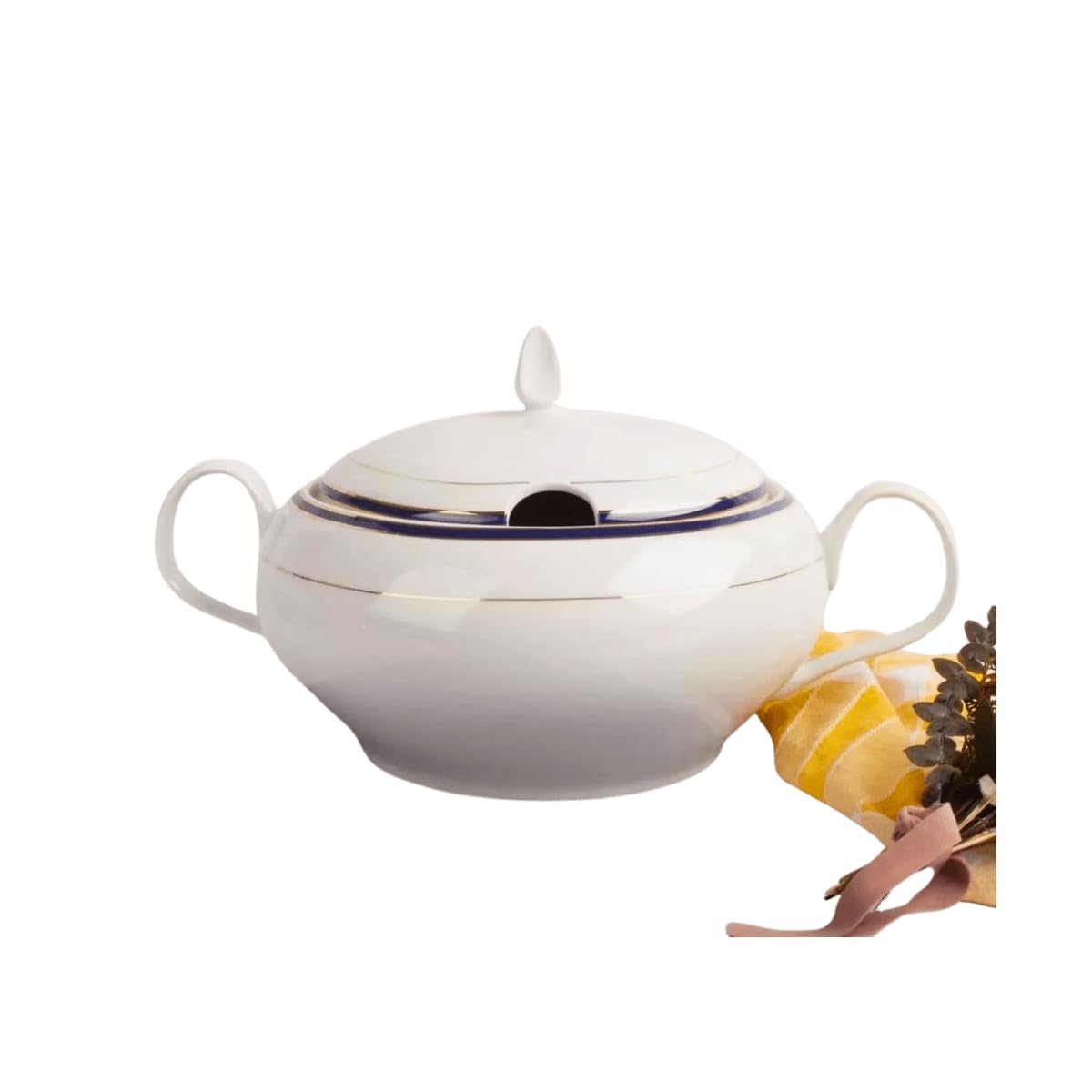 Sopera de porcelana blanca (X l) Sonata, 1 tapa de porcelana, filo de oro, azul cobalto