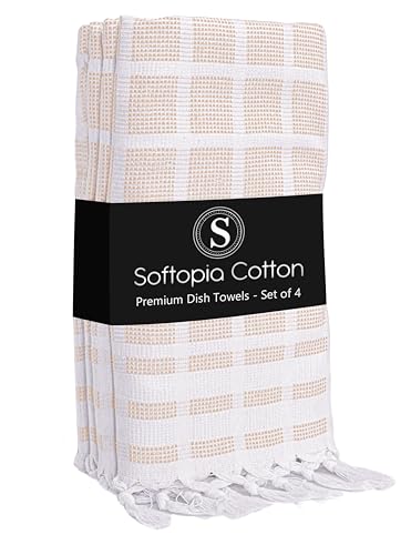 Image of Matrix Dobby Kitchen Towels 4 Pack 100% Cotton, 16 inchx26 inch, Handmade Knotted Tassel Dish Towels, Reusable & Washable Cloths for Drying, Absorbent Tea Towel for Cleaning - Beige, White