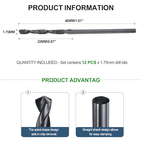 METALLIXITY 4241 HSS Spiralbohrer (1,75mm) 12Stk, Gerader 118° Stahlbohrer Titannitrid-Beschichtung für Holz Kunststoff Eisen Kupfer Aluminium Niedrig Weichmetall