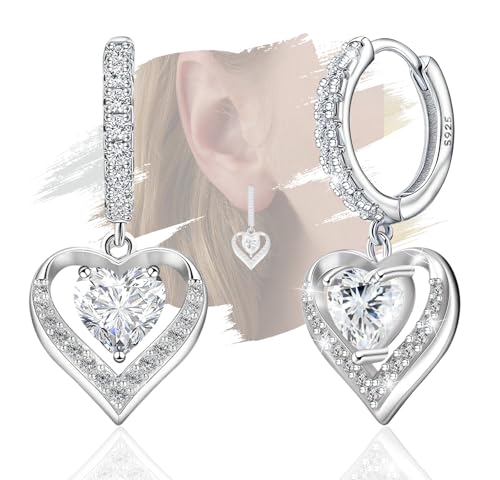 Heart Dangle Hoop Earrings for Women - Sterling Silver Cubic Zirconia Double Love Heart Shaped Hoop Charm Earrings Hypoallergenic Nickel Free Sparkle CZ Loop Dangling Earring Classic Jewelry Gifts