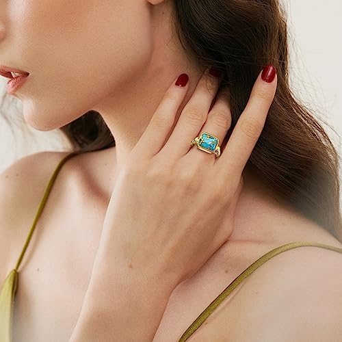 Women's 14K Gold Plated Statement Rings Emerald Cut Teal Turquoise/Rose Quartz Crystal/Spiny Oyster Turquoise Signet Ring Stainless Steel Chunky Gold Rings Size 5-103