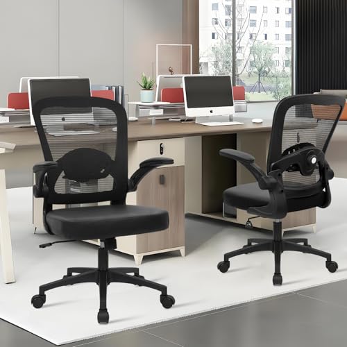 Image of KLASIKA Desk Chairs with Wheels, Ergonomic Mesh Back PU Leather Seat Home Office Adjustable Lumbar Support and Height Swivel Rolling Computer Task Chair with Flip Up Arms for Conference, Black, 2PK