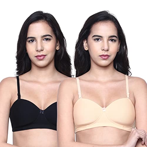 Image of INKURV Cotton Rich Padded T-Shirt Bra for Women, Seamless, Non-Wired with Detachable Straps, Sweet Heart Neckline, Everyday Bra 3 /4th Coverage with no spillage- ROMI Combo of 2