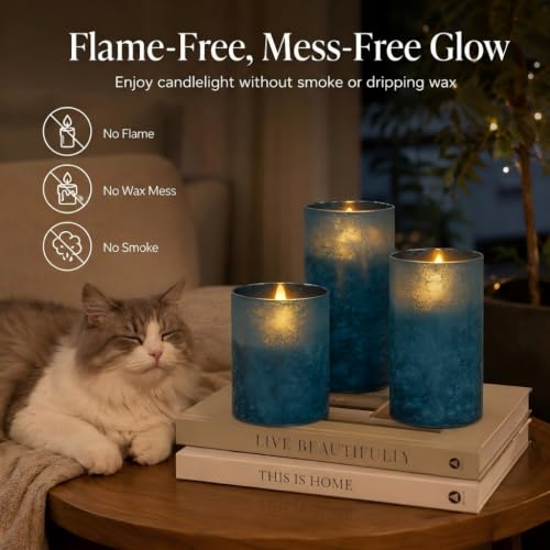 Image of Blue Battery Operated Candles Remote Timer Coastal Decor Set of 3 | Blue Sandblasted Glass, Warm White LED Glow, Real Wax, 10 Key Remote, 2 4 6 8 Hour Timer, 3 Sizes