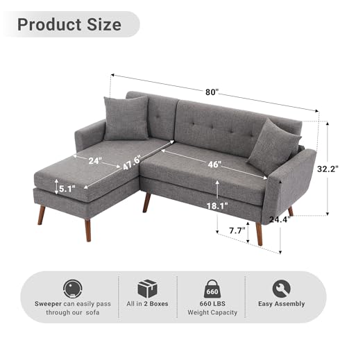 Tbfit L Shaped Couch Sofa, 80" W Mid-Century Modern Sectional Couches, 3 Seater Sofas with Wide Chaise Lounge & Two Pillows,Button Tufted Upholstered Sectional Sofa for Living Room, Bedroom, Gray