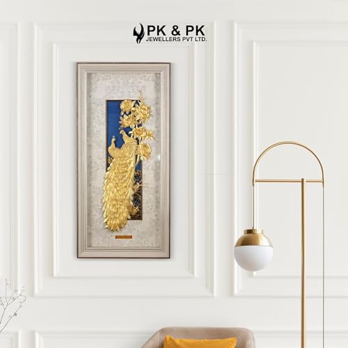 Image of Pk & Pk Jewellers Shiny Peacock Pair | 24KT Gold Rectangular Frame | White Frame Collection | Super Large Size [55x105 cm] (For Premium Luxury Gift, Home Decor, Wall Decoration)