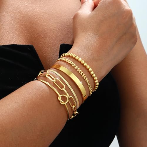 Gold Bracelets for women 14K Gold Bangle Bracelet Stack - Adjustable Waterproof Trendy Bracelets Gold Filled Stacks Bangles Link Chain Gold Bracelet Non Tarnish for Women Jewelry Gifts4