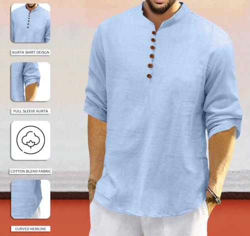 Image of FINIVO FASHION Men's Solid Cotton Blend Regular Fit Straight Kurta with Roll of Sleeve and Classic Collar, Pack of 1